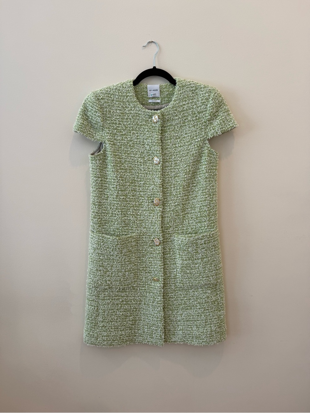 St. John Light Green / White Boucle Dress with Gold Buttons